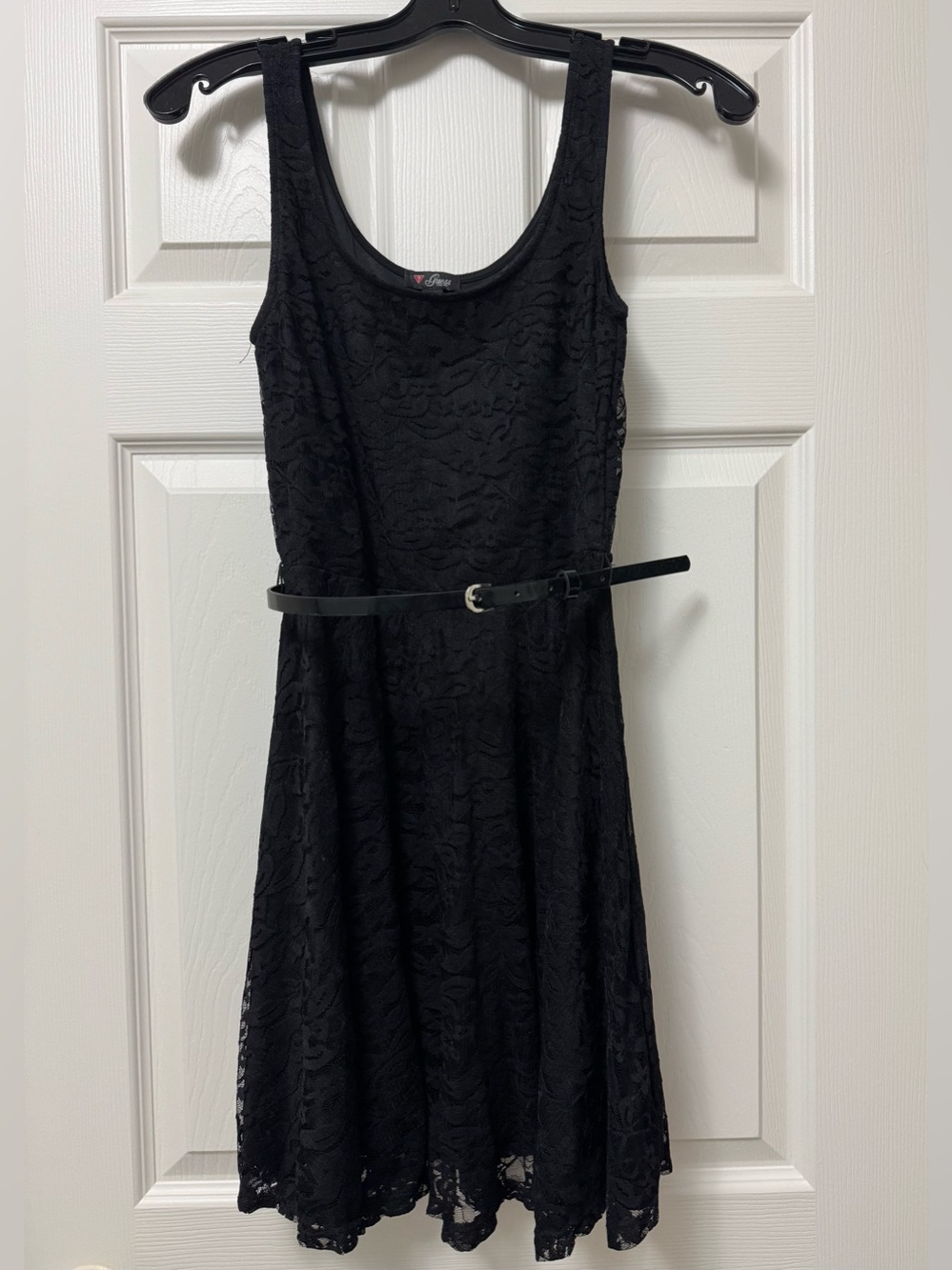 Guess Black Lace Sleeveless Belted Fit-and-Flare Dress